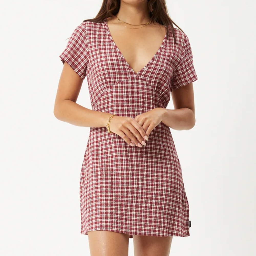 Afends Base Seersucker Mini Dress in Burgundy Check